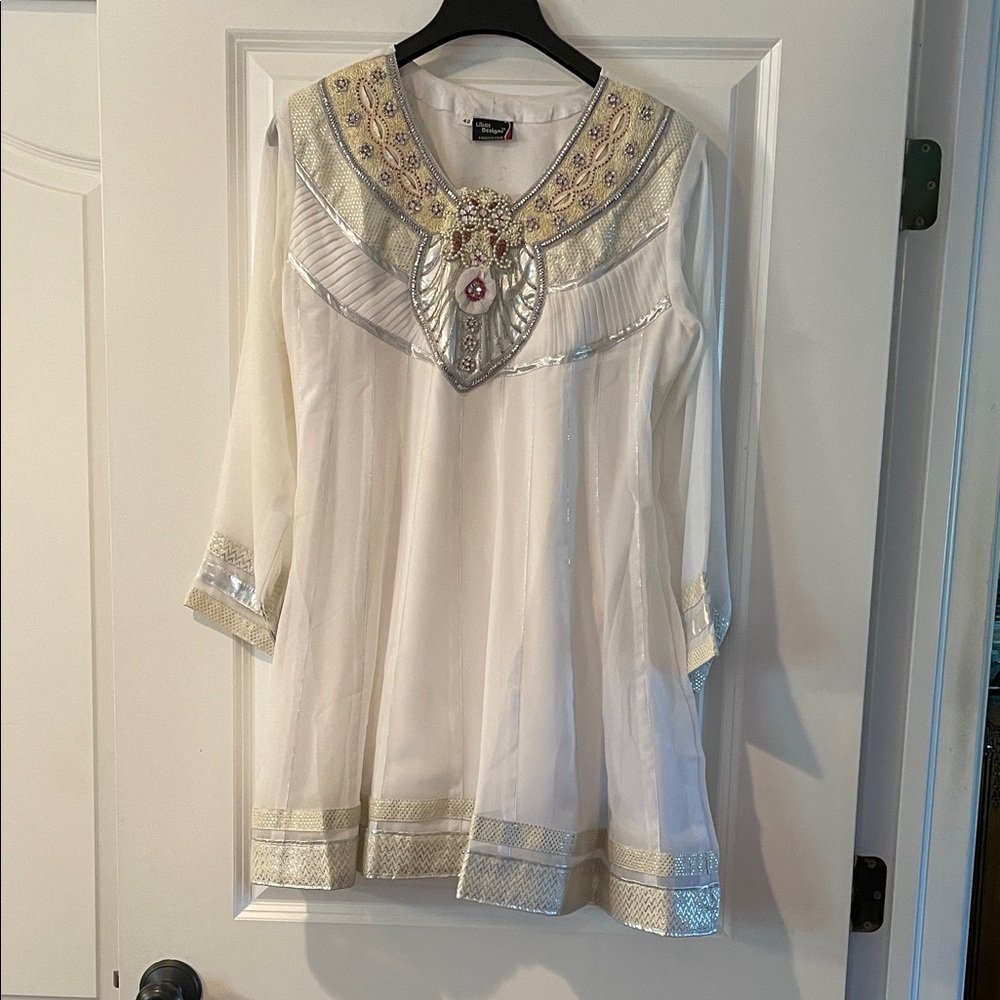 Embroidered White Tunic with Metallic Trim